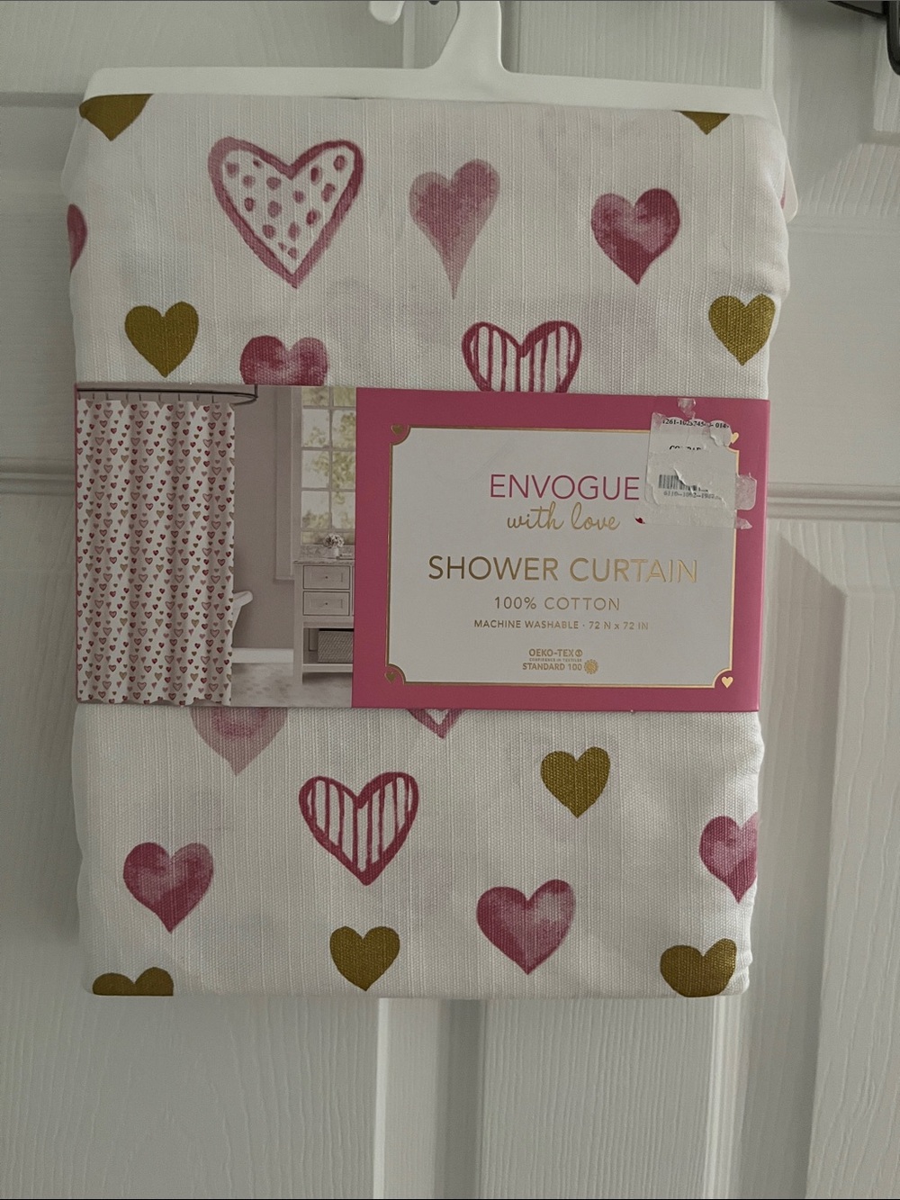 Envogue Pink & Gold Heart Cotton Shower Curtain - Romantic Print